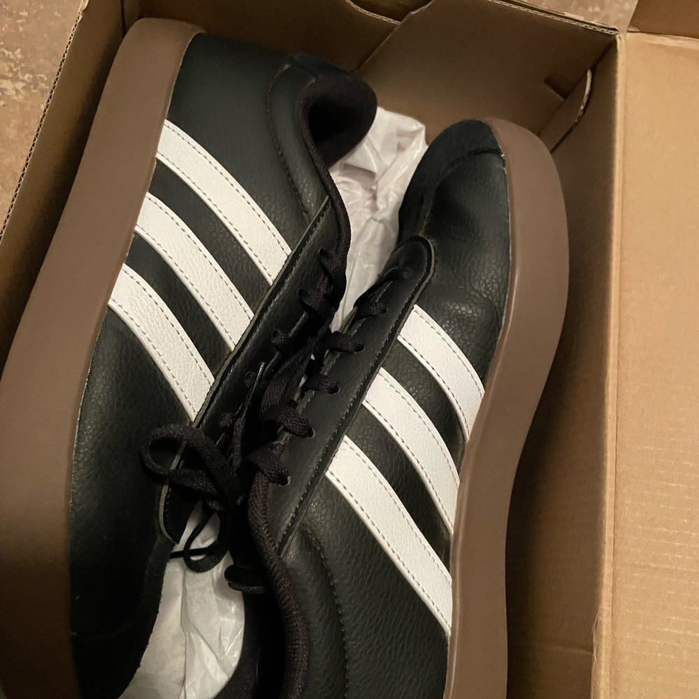 Adidas Black and White Sneakers with Brown Sole